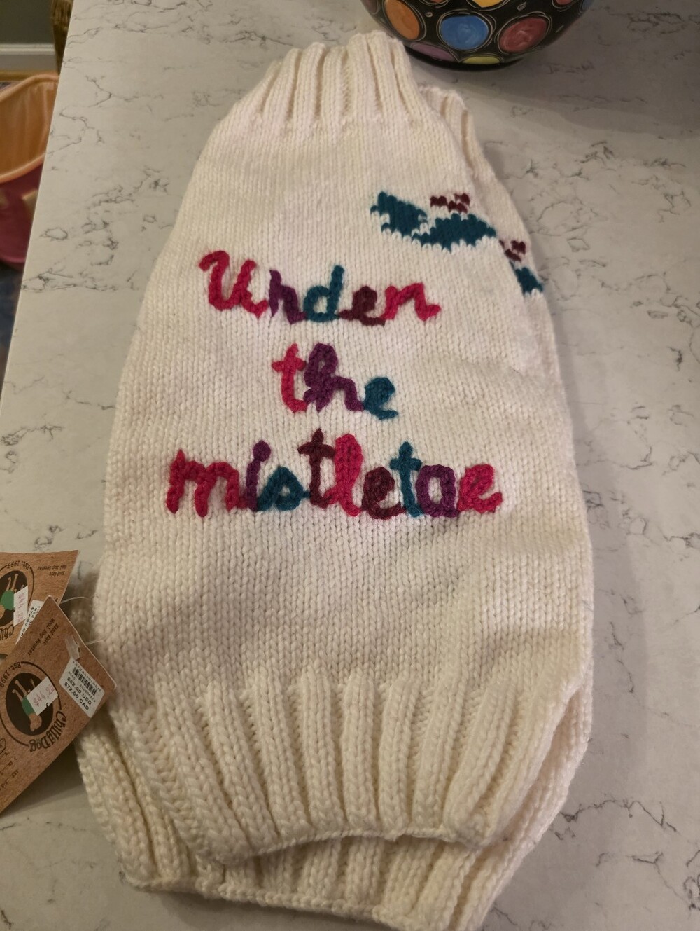 Anthropologie Cream Dog Sweater with Bright Embroidered Lettering